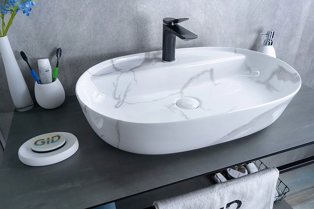 Раковина накладная Gid Lago 61 Mnc346C 54470 белый мрамор купить в интернет-магазине Sanbest