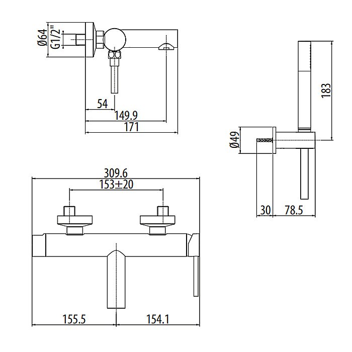 Смеситель для ванны Gattoni Circle One 9000/90NO купить в интернет-магазине сантехники Sanbest