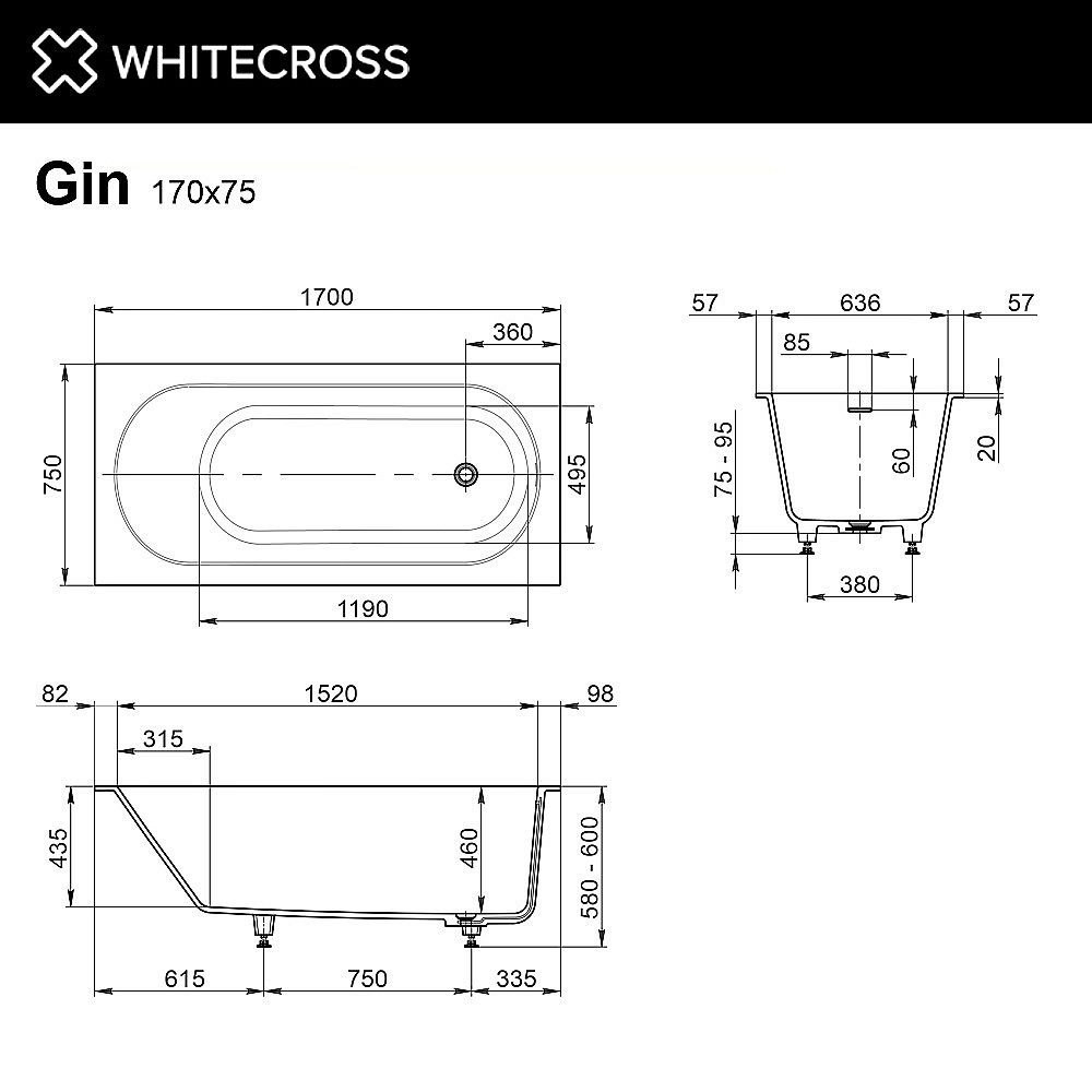 Ванна из искусственного камня WhiteCross Gin 170x75 0217.170075.200 белая матовая купить в интернет-магазине Sanbest