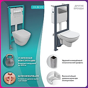 Унитаз с инсталляцией OWL 1975 Wave Cirkel-H OWLINSTNI.OWLT190801 безободковый, с крышкой микролифт, с кнопкой Nikel хром купить в интернет-магазине Sanbest