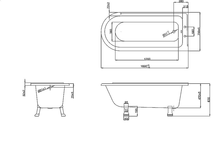Ванна акриловая Burlington Hampton 170x75 купить в интернет-магазине Sanbest
