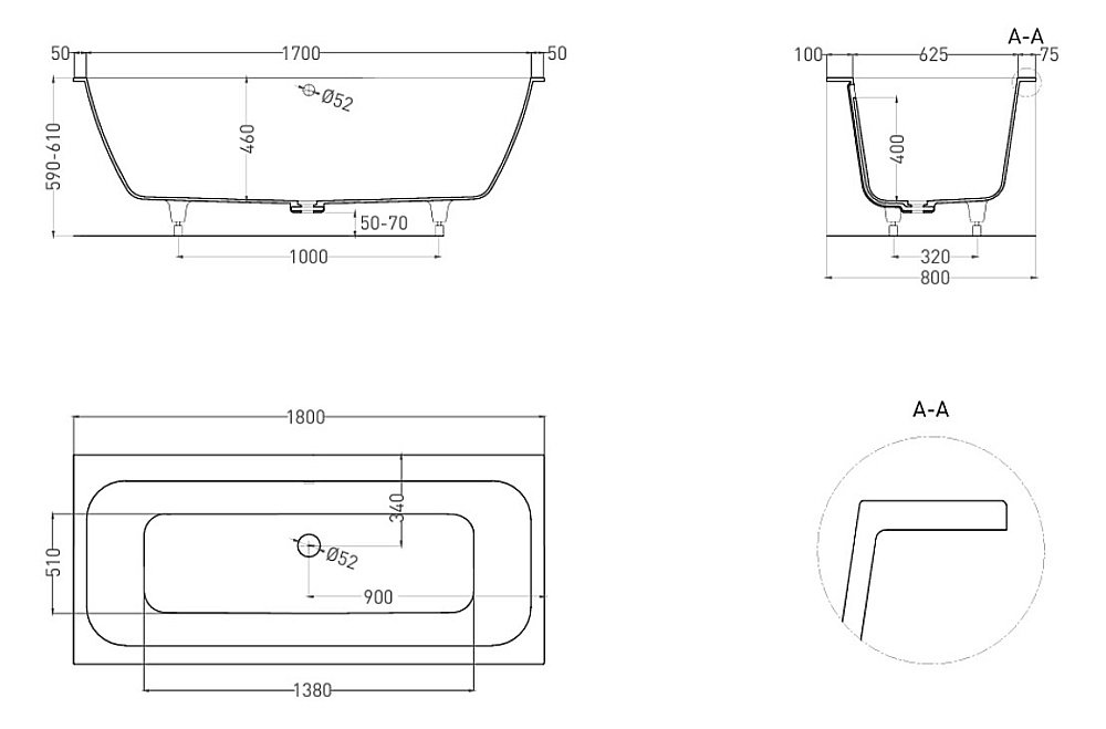 Ванна Salini Orlanda AXIS S-Stone 180x80 103222M белая матовая купить в интернет-магазине Sanbest
