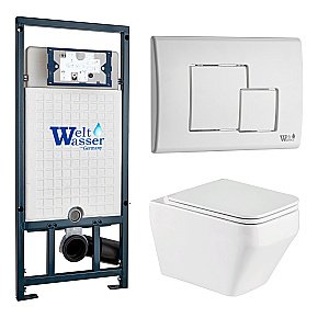 Унитаз подвесной WeltWasser MARBERG 507 + HOFBACH 041 GL-WT + MAR 507 SE GL-WT безободковый, с крышкой микролифт, слив-торнадо, с инсталляцией и белой глянцевой кнопкой купить в интернет-магазине Sanbest