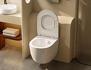 Унитаз подвесной Abber Bequem AC1100T-AC0105-AC0120MW белый, безободковый, с инсталляцией, с крышкой микролифт, слив-торнадо, с белой матовой кнопкой купить в интернет-магазине Sanbest