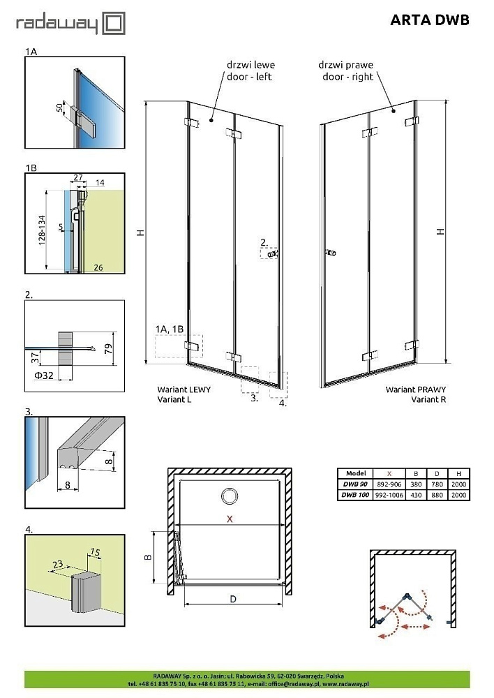 Душевая дверь Radaway Arta DWB 90 купить в интернет-магазине Sanbest