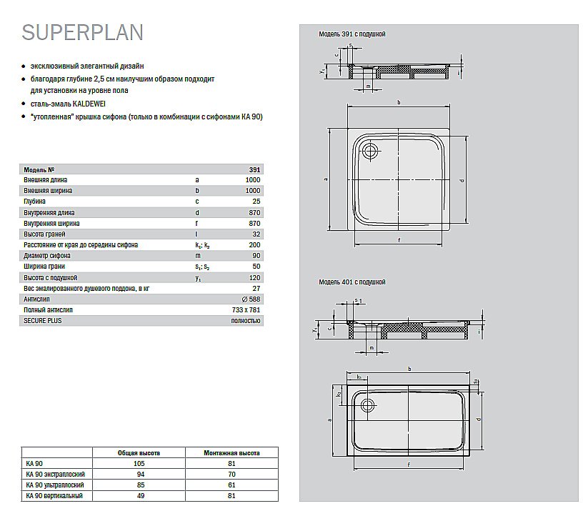 Душевой поддон Kaldewei Superplan 391-2 100x100 купить в интернет-магазине Sanbest