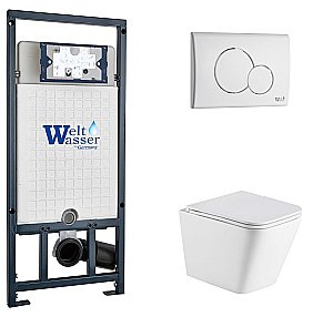 Унитаз подвесной WeltWasser MARBERG 507 + GELBACH 043 MT-WT + MAR 507 RD GL-WT белый матовый, безободковый, с крышкой микролифт, слив-торнадо, с инсталляцией и белой глянцевой кнопкой купить в интернет-магазине Sanbest