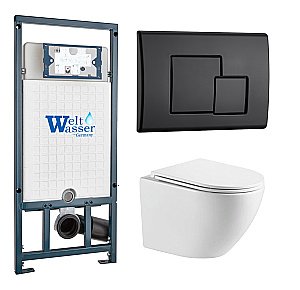 Унитаз подвесной WeltWasser MARBERG 507 + MERZBACH 043 GL-WT + MAR 507 SE MT-BL белый глянцевый, безободковый, с крышкой микролифт, слив-торнадо, с инсталляцией и черной матовой кнопкой купить в интернет-магазине Sanbest