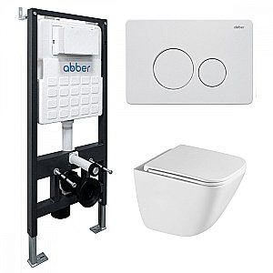 Унитаз подвесной ABBER Rechteck AC1220TC-AC0105-AC0121MW белый/кнопка белая матовая, с крышкой микролифт, с инсталляцией, безободковый, слив-торнадо купить в интернет-магазине Sanbest