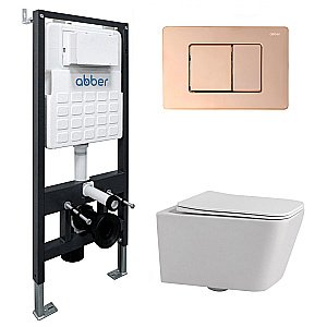 Унитаз подвесной Abber Rechteck AC1201-AC0105-AC0120RG белый, безободковый, с инсталляцией, с крышкой микролифт, с кнопкой золото розовое купить в интернет-магазине Sanbest
