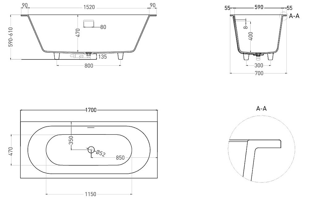 Ванна Salini Ornella AXIS S-Sense 170x70 104713GF RAL купить в интернет-магазине Sanbest