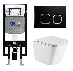 Унитаз подвесной WeltWasser AMBERG 497 + GELBACH 043 GL-WT + AMBERG RD-BL белый глянцевый, безободковый, с крышкой микролифт, слив-торнадо, с инсталляцией и черной кнопкой купить в интернет-магазине Sanbest