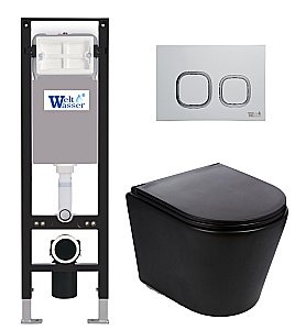 Унитаз подвесной WeltWasser AMBERG 350 + SALZBACH 043 MT-BL + AMBERG RD-WT черный матовый, безободковый, с крышкой микролифт, слив торнадо, с инсталляцией и белой  кнопкой купить в интернет-магазине Sanbest