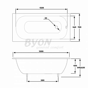 Ванна чугунная BYON B13 150x70 купить в интернет-магазине Sanbest