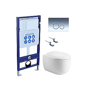 Унитаз подвесной Aquatek АЛЬТАИР AQ1980-00+INS-0000012+KDI-0000018+KKI-0000002 белый, безободковый, с крышкой микролифт, с инсталляцией и кнопкой хром глянцевый купить в интернет-магазине Sanbest