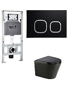 Унитаз с инсталляцией WeltWasser AMBERG 506 ST+SALZBACH 043 GL-BL+AMBERG RD-BL черный/кнопка черная, безободковый, с крышкой микролифт, слив торнадо купить в интернет-магазине Sanbest