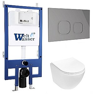 Унитаз с инсталляцией WeltWasser BAMBERG 545+MERZBACH 043 MT-WT+BAMBERG CR белый матовый/кнопка хром, безободковый, с крышкой микролифт, слив торнадо купить в интернет-магазине Sanbest