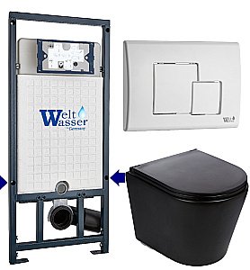 Унитаз подвесной WeltWasser MARBERG 507 + SALZBACH 043 MT-BL + MAR 507 SE GL-WT черный матовый, безободковый, с крышкой микролифт, слив торнадо, с инсталляцией и белой глянцевой кнопкой купить в интернет-магазине Sanbest