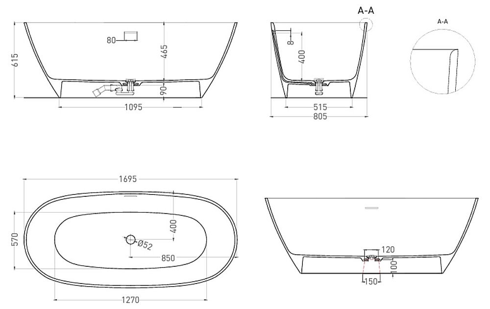 Ванна Salini Sofia S-Sense 102516GF 170х80 RAL купить в интернет-магазине Sanbest
