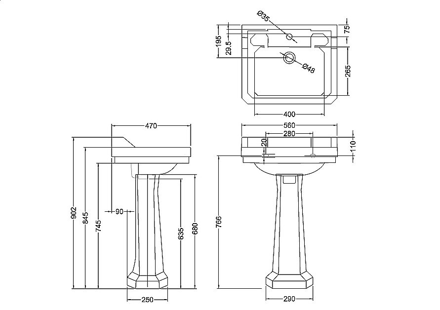 Раковина на пьедестале Burlington Edwardian 56 B4 1TH-P1 белая купить в интернет-магазине Sanbest