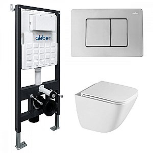 Унитаз подвесной ABBER Rechteck AC1220TC-AC0105-AC0120 белый/кнопка хром глянцевый, с крышкой микролифт, с инсталляцией, безободковый, слив-торнадо купить в интернет-магазине Sanbest