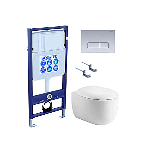 Унитаз подвесной Aquatek АЛЬТАИР AQ1980-00+INS-0000012+KDI-0000014+KKI-0000002 белый, безободковый, с крышкой микролифт, с инсталляцией и кнопкой хром матовый купить в интернет-магазине Sanbest
