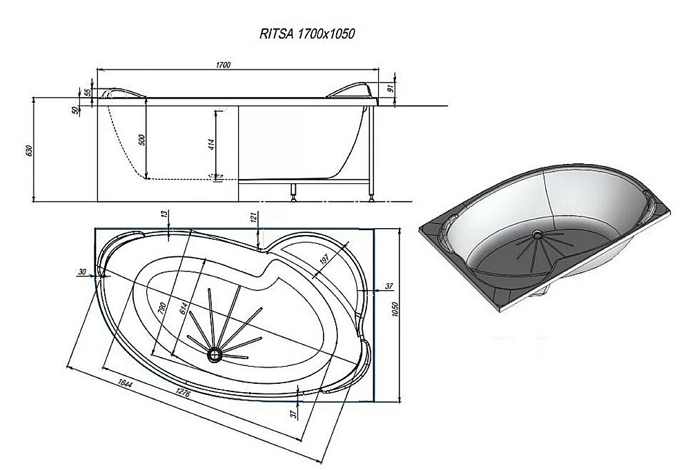 Ванна акриловая Alex Baitler RITSA 170x105 белая без опоры купить в интернет-магазине Sanbest