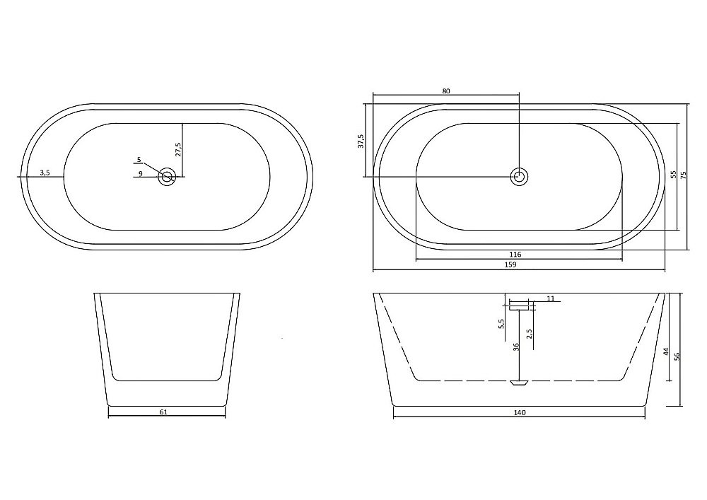 Ванна акриловая CeruttiSpa RESIA 160x75 белая купить в интернет-магазине Sanbest