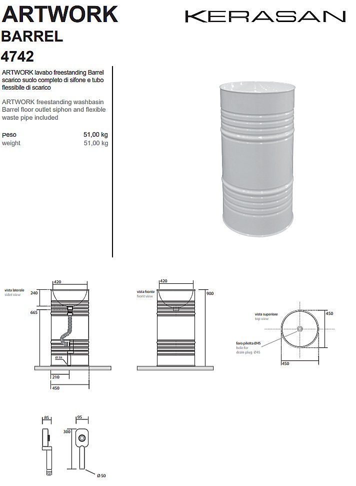 Раковина напольная Kerasan Artwork Barrel 45 4742K01 белая купить в интернет-магазине Sanbest