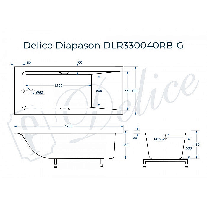 Ванна Delice Diapason DLR330040RB-G 190х90 белая/ручки черные купить в интернет-магазине Sanbest