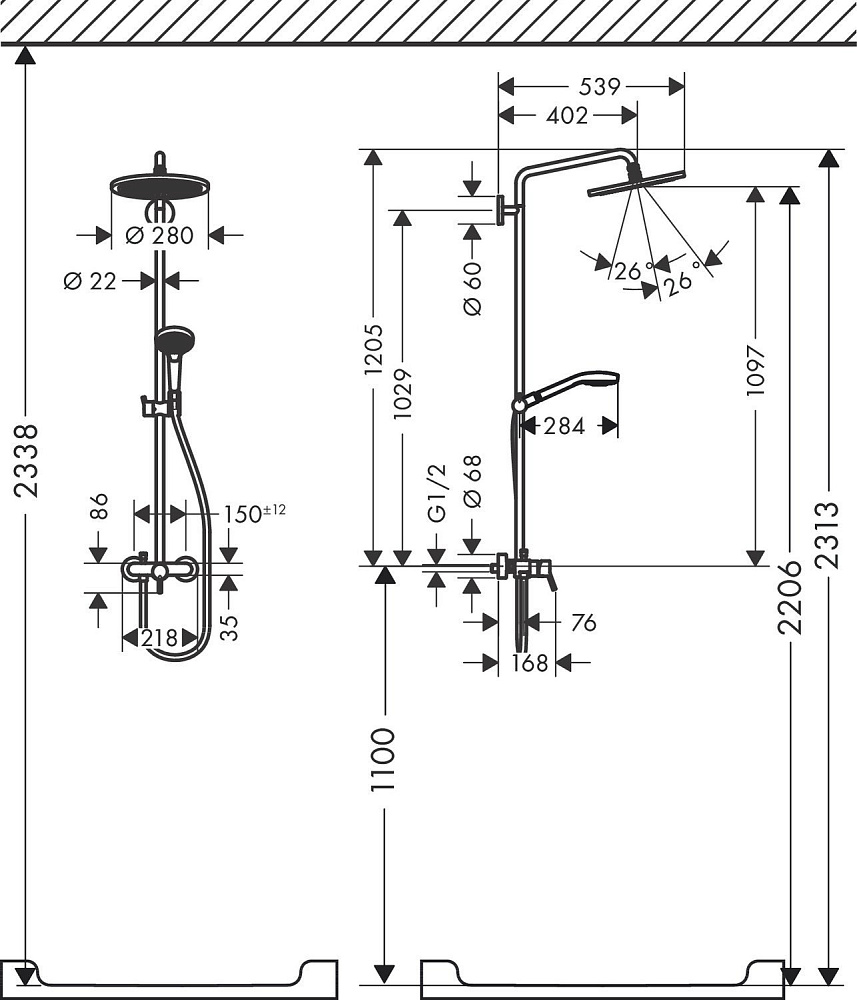 Душевая система Hansgrohe Croma Select S Showerpipe 280 1jet 26791000 купить в интернет-магазине сантехники Sanbest