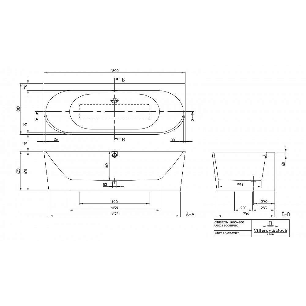 Ванна Villeroy&Boch Oberon 2.0 UBQ180OBR9CD00V-01 180x80 альпийский белый купить в интернет-магазине Sanbest