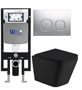 Унитаз подвесной WeltWasser AMBERG 497 + GELBACH 043 MT-BL + AMBERG RD-CR черный матовый, безободковый, с крышкой микролифт, слив-торнадо, с инсталляцией и кнопкой хром глянцевый купить в интернет-магазине Sanbest