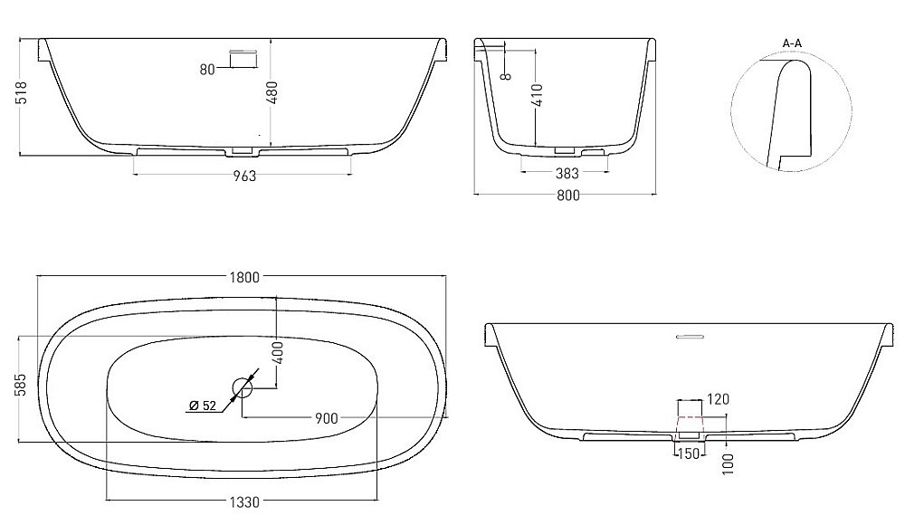 Ванна Salini Greca IN S-Stone 104821MF 180x80 RAL матовая купить в интернет-магазине Sanbest