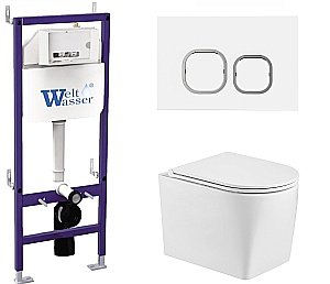 Унитаз подвесной WeltWasser BAMBERG 460+NESENBACH 004 GL-WT+BAMBERG WT белый глянцевый, безободковый, с крышкой микролифт, с инсталляцией и белой кнопкой купить в интернет-магазине Sanbest