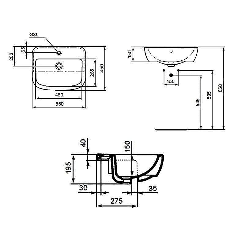 Раковина врезная сверху столешницы Ideal Standard Tempo 55 T059001 белая купить в интернет-магазине Sanbest