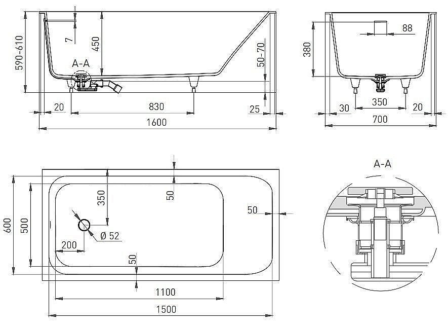 Ванна Salini Orlanda Kit S-Sense 160x70 102115M белая матовая купить в интернет-магазине Sanbest