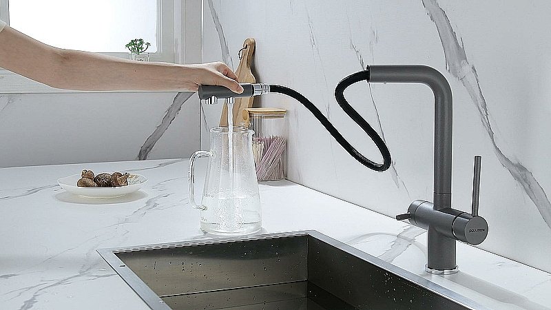 Смеситель для кухни Paulmark Serpentine Se213222-GRM серый металлик купить в интернет-магазине сантехники Sanbest