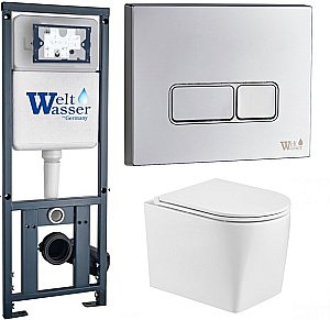 Унитаз подвесной WeltWasser MARBERG 410 + NESENBACH 004 GL-WT + MAR 410 SE белый глянцевый, безободковый, с крышкой микролифт, с инсталляцией и кнопкой хром купить в интернет-магазине Sanbest