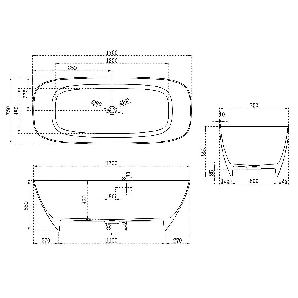 Ванна из искусственного камня Vincea VBT-6S02MW 170x75 белая матовая купить в интернет-магазине Sanbest