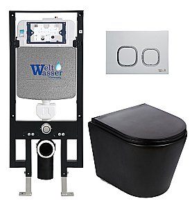 Унитаз подвесной WeltWasser AMBERG 497 + SALZBACH 043 MT-BL + AMBERG RD-WT черный матовый, безободковый, с крышкой микролифт, слив торнадо, с инсталляцией и белой  кнопкой купить в интернет-магазине Sanbest