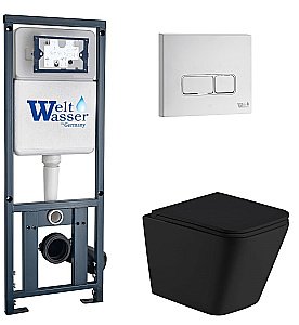 Унитаз подвесной WeltWasser MARBERG 410 + GELBACH 043 MT-BL + MAR 410 SE GL-WT черный матовый, безободковый, с крышкой микролифт, слив-торнадо, с инсталляцией и белой глянцевой кнопкой купить в интернет-магазине Sanbest