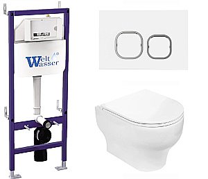 Унитаз подвесной WeltWasser BAMBERG 460+ERLENBACH 004 GL-WT+BAMBERG WT белый глянцевый, безободковый, с крышкой микролифт, с инсталляцией и белой кнопкой купить в интернет-магазине Sanbest