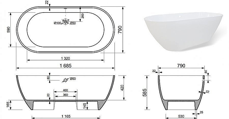 Ванна Эстет Майами 168х78.5 купить в интернет-магазине Sanbest