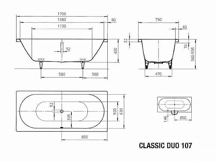 Ванна стальная Kaldewei Classic Duo 107 170x75 290700010001 белый купить в интернет-магазине Sanbest