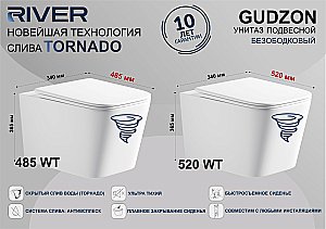 Унитаз подвесной River Gudzon 520 WT 10000014212 белый, безободковый, с крышкой микролифт, слив торнадо купить в интернет-магазине Sanbest