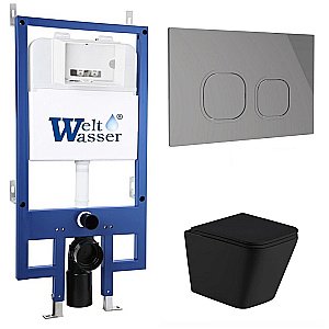 Унитаз с инсталляцией WeltWasser BAMBERG 545+GELBACH 043 GL-BL+BAMBERG CR черный/кнопка хром, безободковый, с крышкой микролифт, слив торнадо купить в интернет-магазине Sanbest