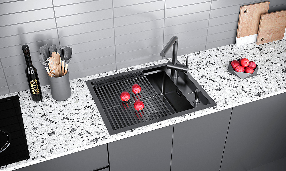 Кухонная мойка Paulmark SHELF PM725846-GM вороненая сталь купить в интернет-магазине сантехники Sanbest