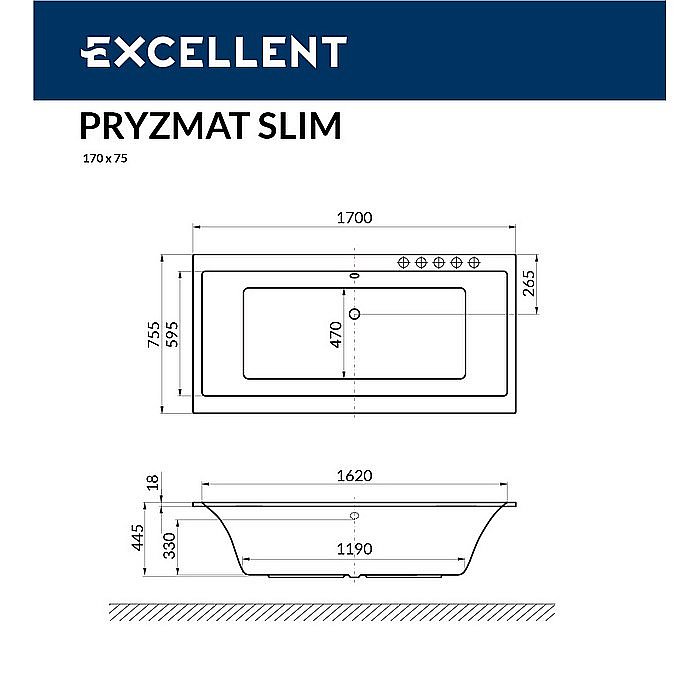 Ванна акриловая Excellent Pryzmat Slim NANO WAEX.PRY17S.NANO.GL 170х75 белая с гидромассажем купить в интернет-магазине Sanbest