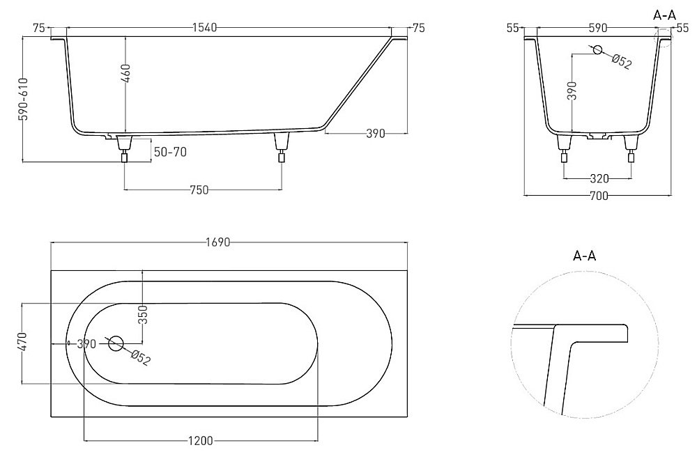 Ванна Salini Ornella S-Stone 170х70 102323MF RAL матовая купить в интернет-магазине Sanbest